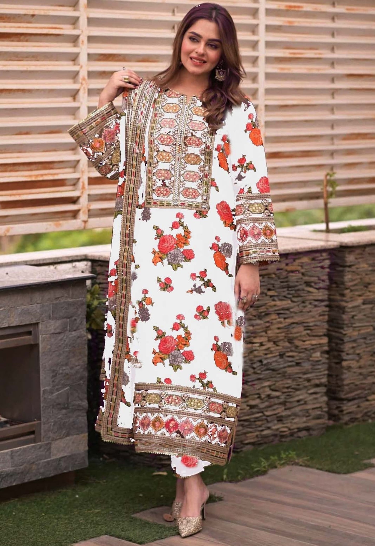 Embroidered Silk 3 Piece Unstitched Suit WHITE-ACL-LUX-15-25 - Party Wear