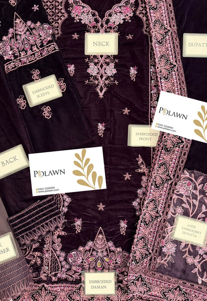 Embroidered Unstitched 3 Piece Velvet Suit  NV-NE-198 - Party Wear