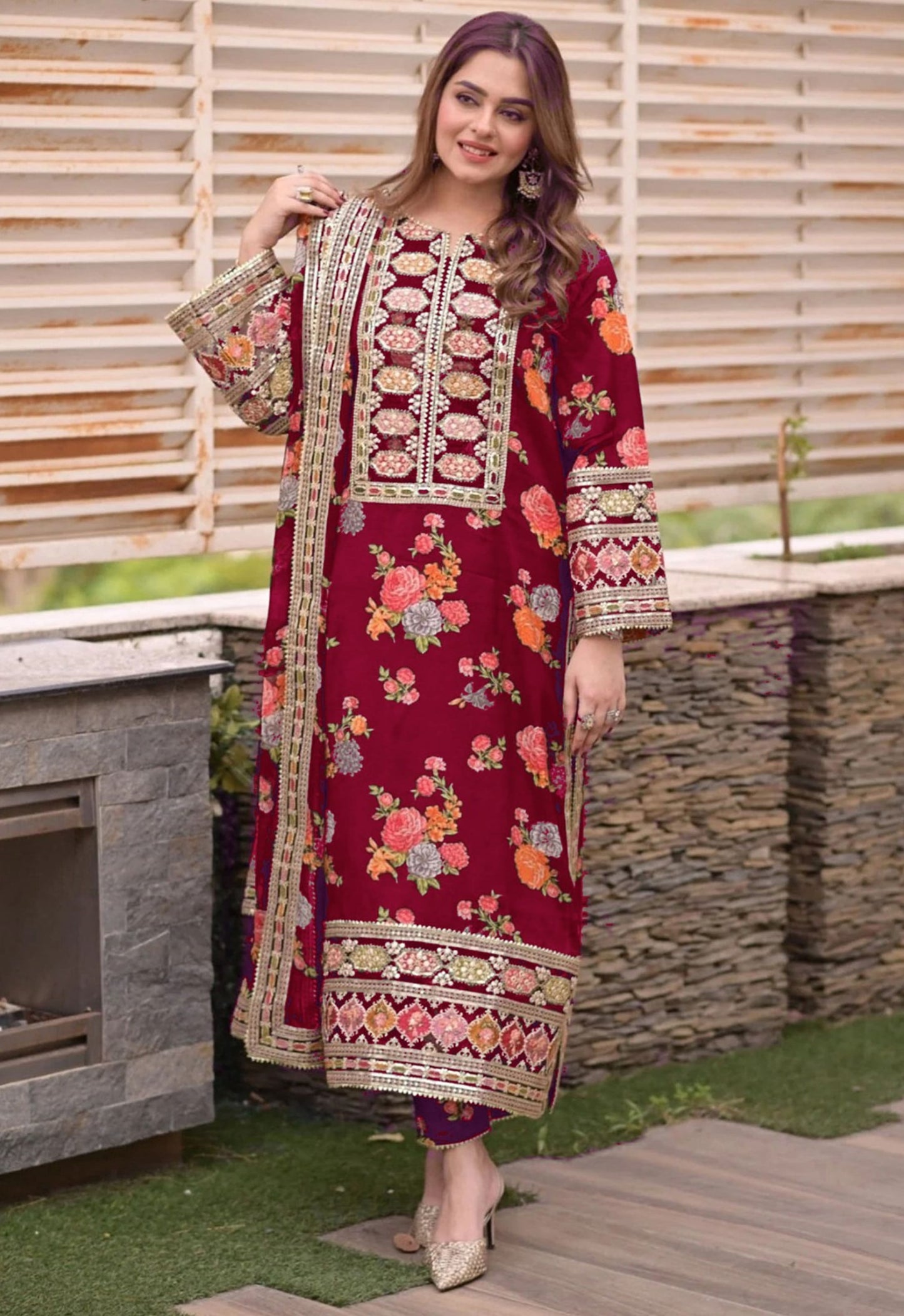 Embroidered Silk 3 Piece Unstitched Suit MAROON-ACL-LUX-15-25 - Party Wear