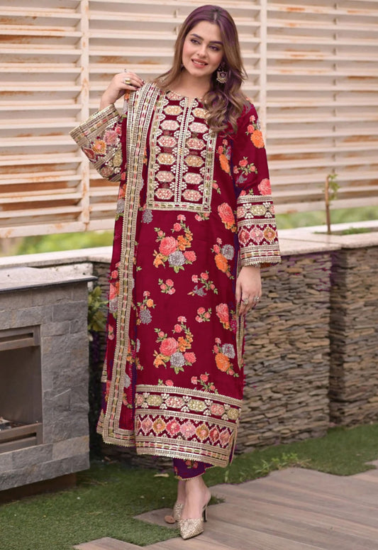 Embroidered Silk 3 Piece Unstitched Suit MAROON-ACL-LUX-15-25 - Party Wear