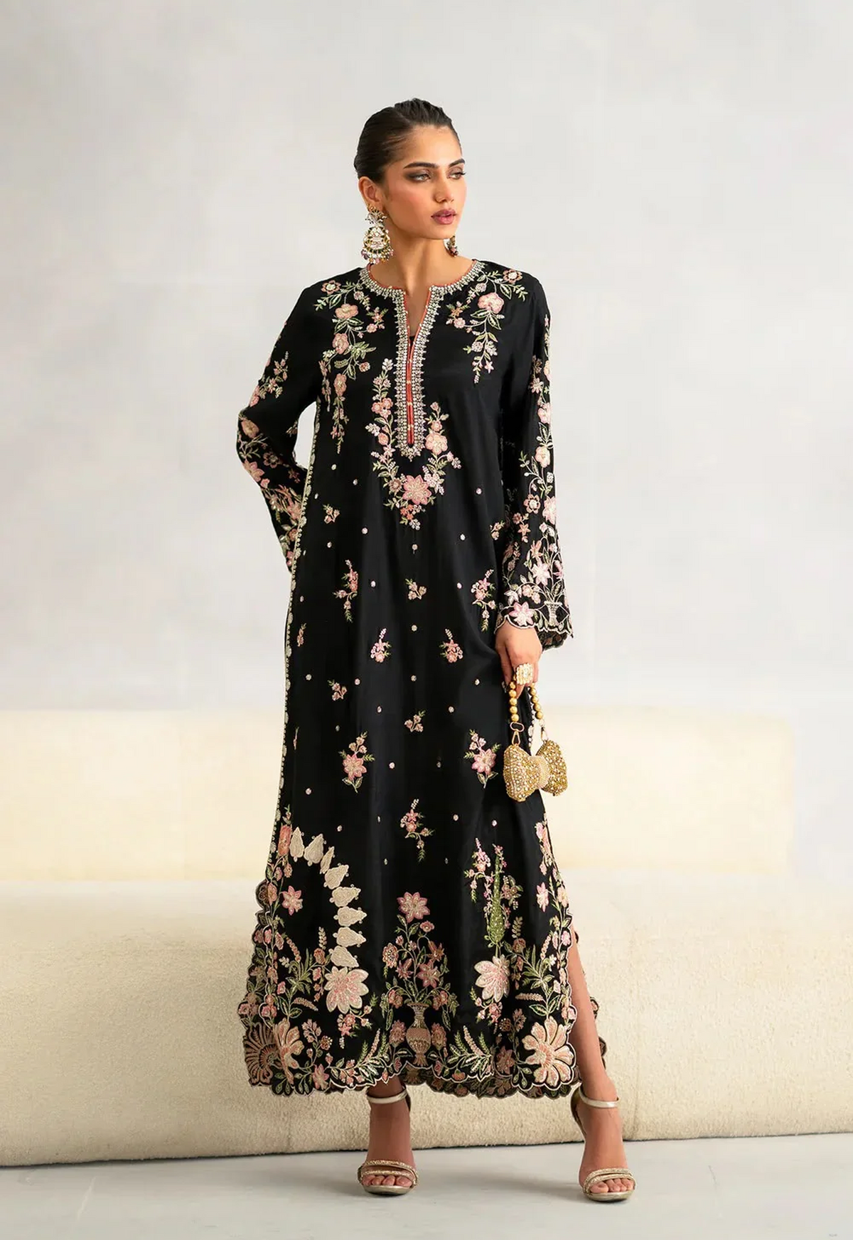 Embroidered Kaftaan Charmeuse Silk 2 Piece Unstitched Suit BLACK-EK-E1115/104/902 - Party Wear