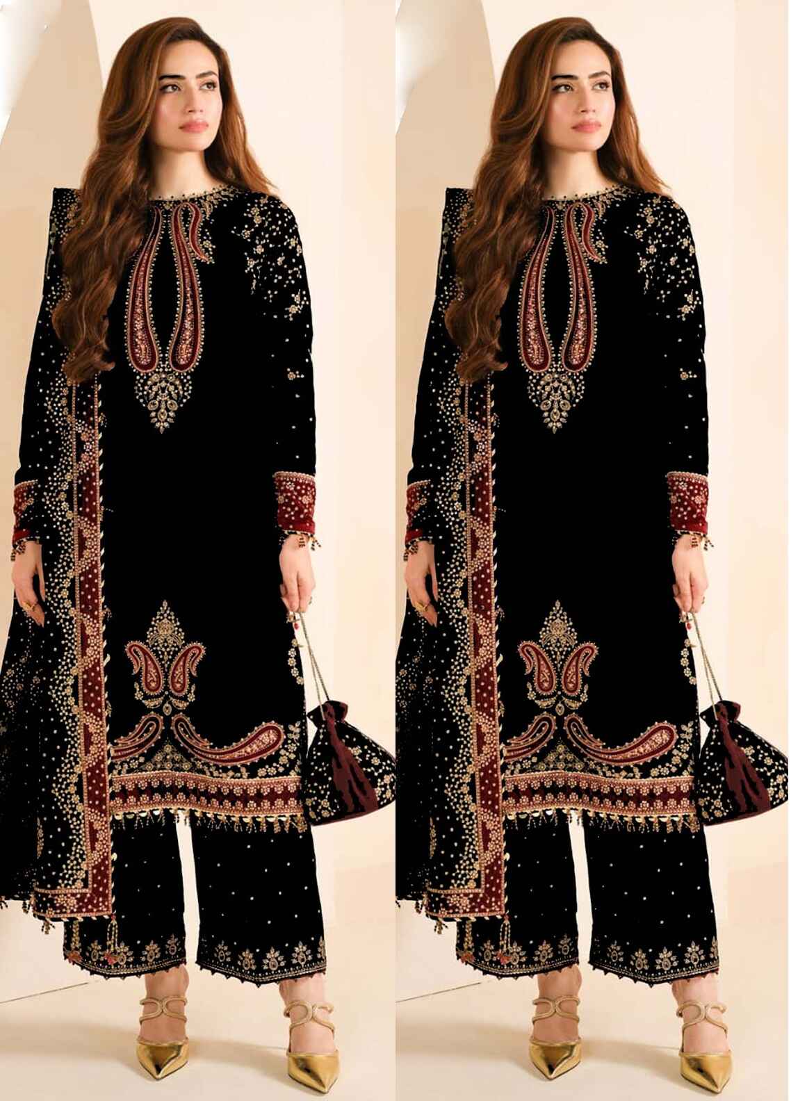 Embroidered Unstitched 3 Piece Velvet Suit BLACK-JV-VF-2034 - Party Wear