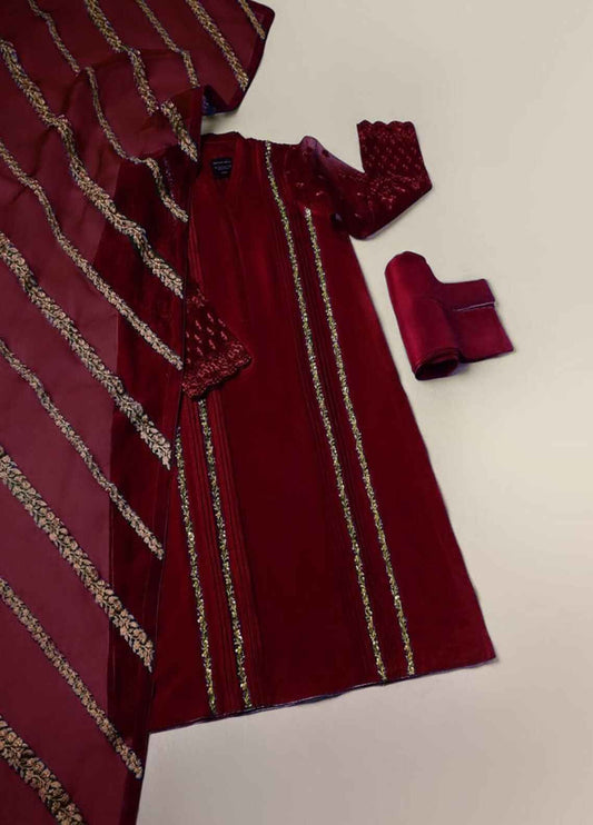 Embroidered Organza 3 Piece Unstitched Suit AG-IKSHANA-MAROON - Party Wear