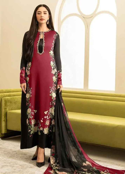 Embroidered Silk 3 Piece Unstitched Suit MAROON-LL-Karozit Dress-24 - Party Wear