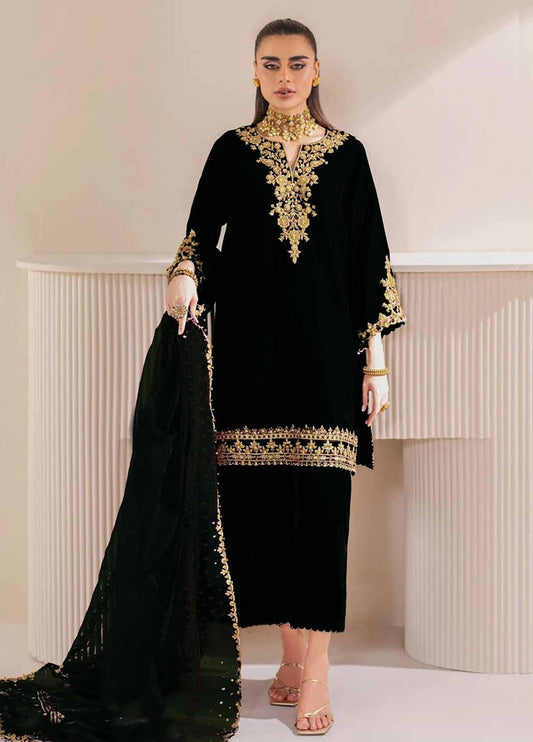 Embroidered Unstitched 3 Piece Velvet Suit BLACK-BV-PR-1023 - Party Wear