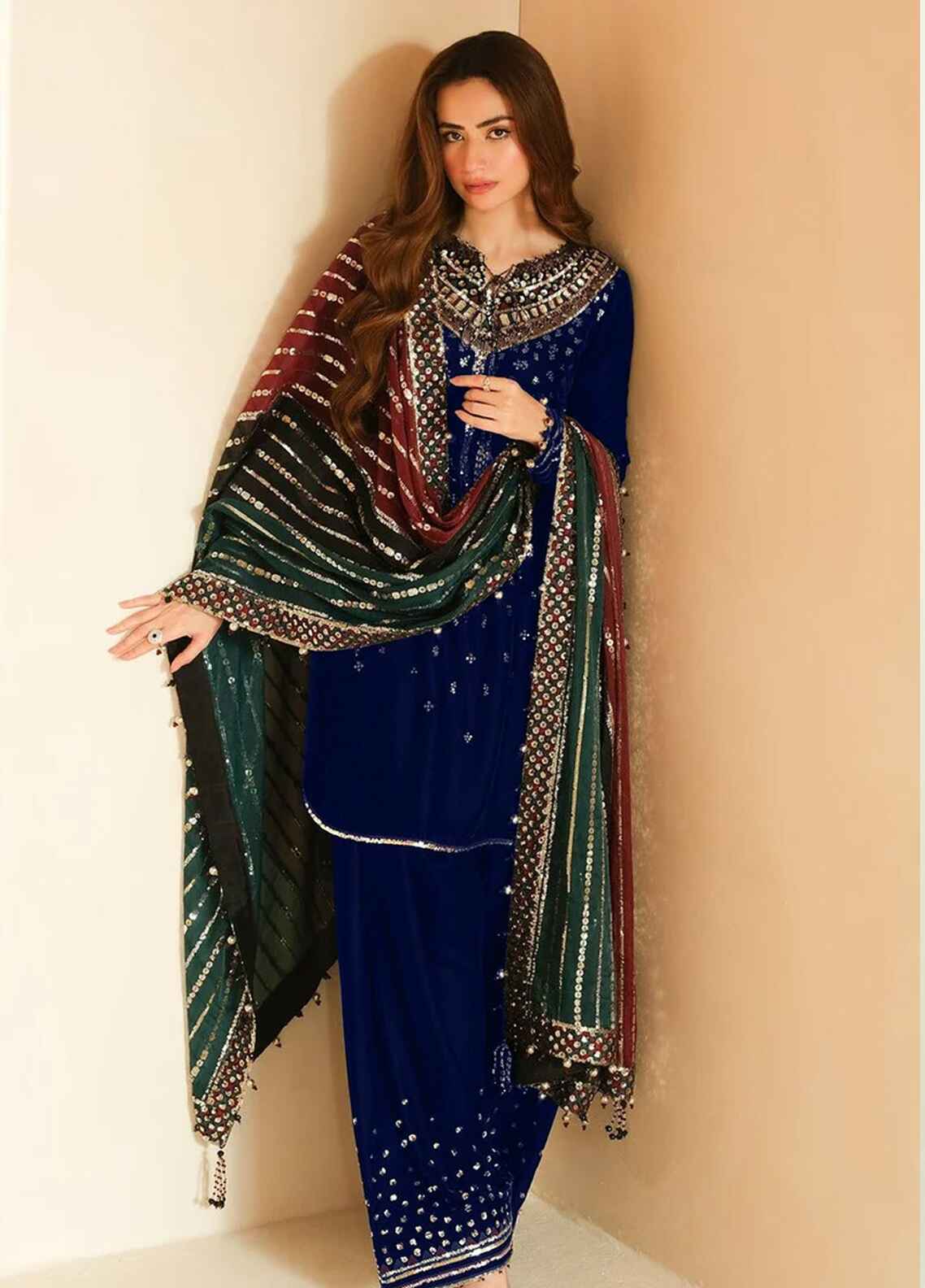 Embroidered Unstitched 3 Piece Velvet Suit Navy Blue-JV-VF-2037 - Party Wear