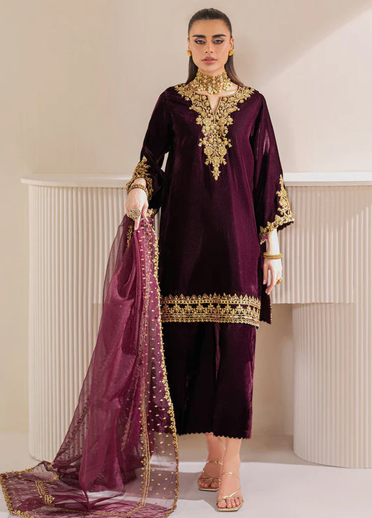 Embroidered Unstitched 3 Piece Velvet Suit MAROON-BV-PR-1023 - Party Wear