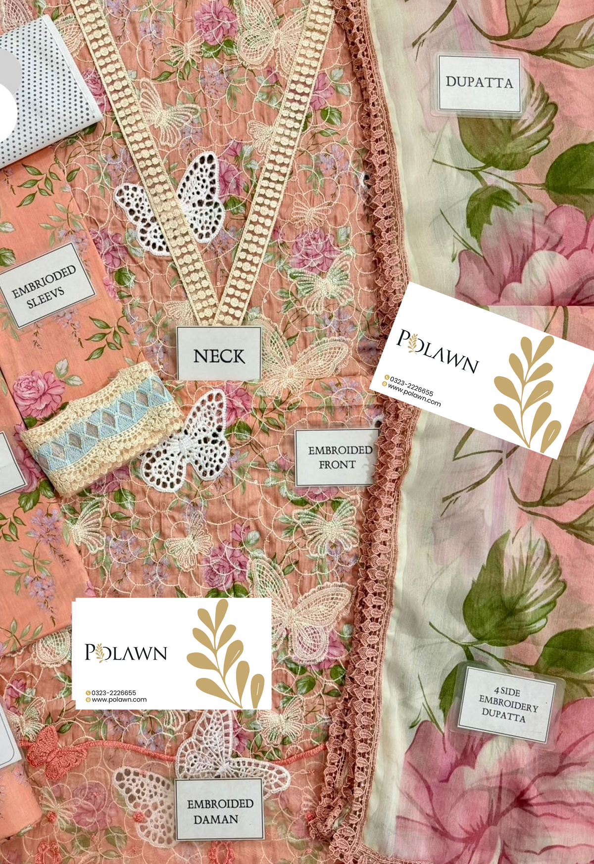 Embroidered Lawn 3 Piece Unstitched Suit PEACH-MBL-MPT-2901-A-26 - Summer Collection