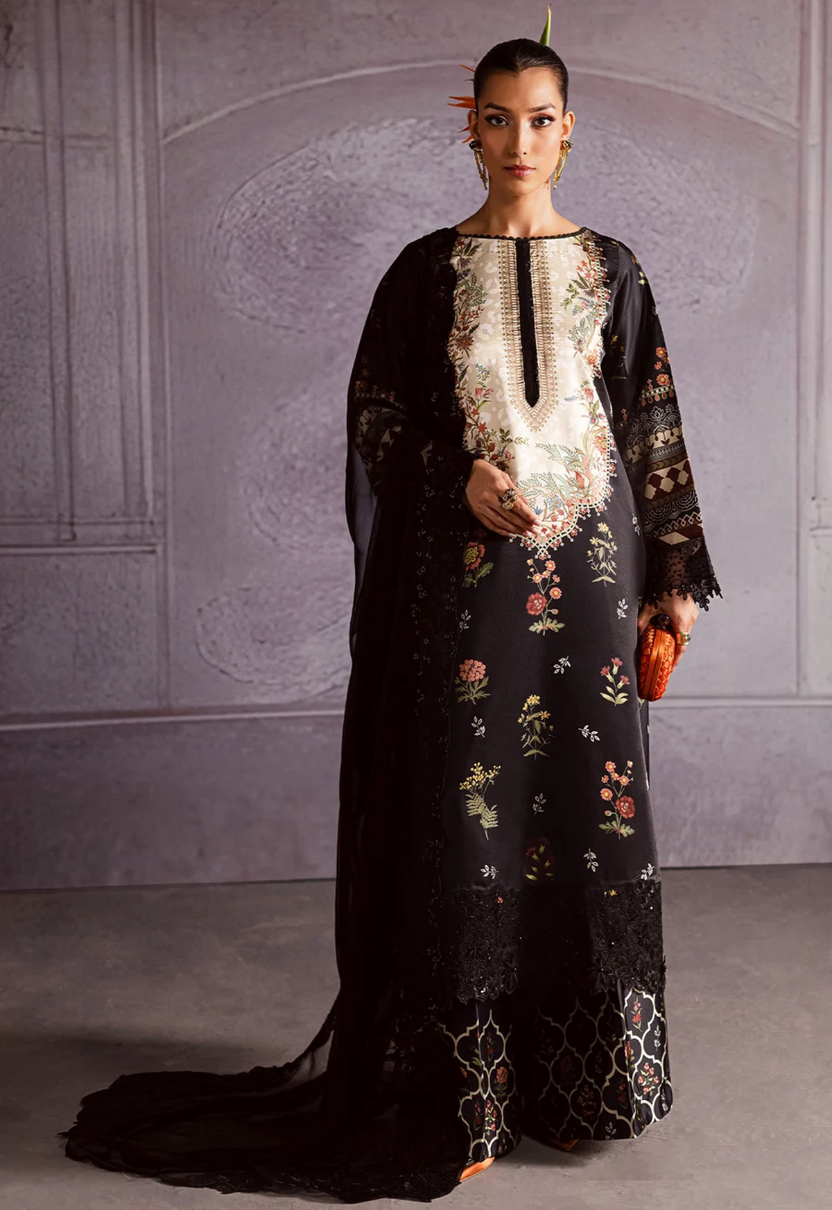 Printed Kaftaan Charmeuse Silk 2 Piece Unstitched Suit NK-S-31 - Party Wear