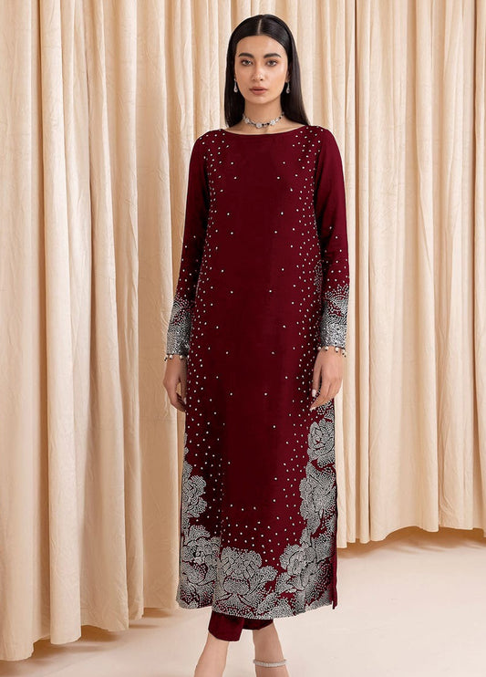 Embroidered 3 Piece Unstitched Silk Suit MAROON-JC-UR-7001 - Party Wear