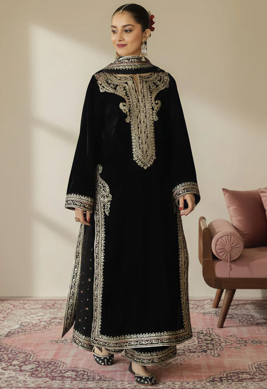 Embroidered Unstitched 3 Piece Velvet Suit NAV-Royal Majestic Noir-25- Party Wear