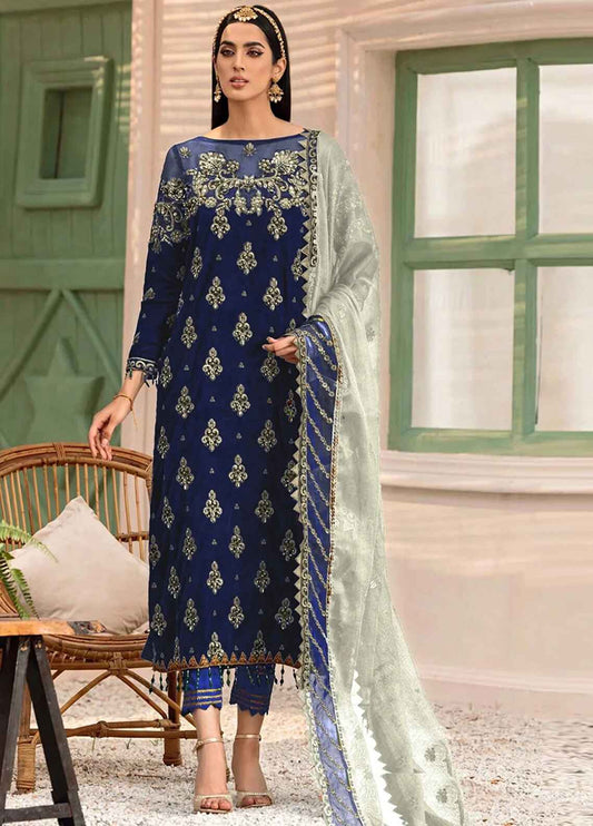 Embroidered Unstitched 3 Piece Velvet Suit EAC-MK-305-N BLUE - Party Wear