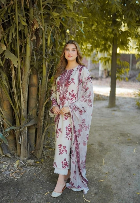 Embroidered Lawn 3 Piece Unstitched Suit MAROON LAWN-ACL-WPR-23 - Summer Collection