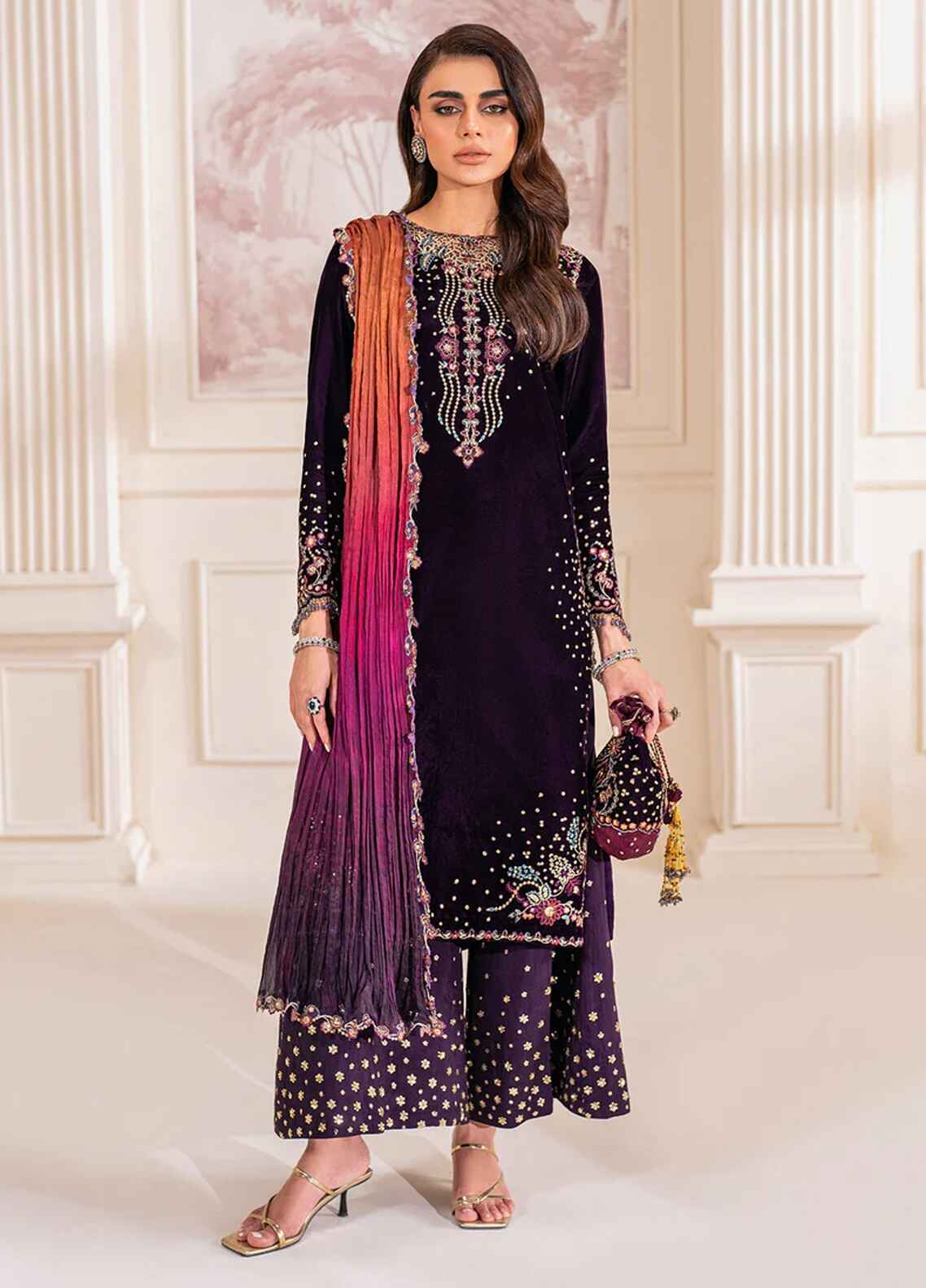 Embroidered Unstitched 3 Piece Velvet Suit BV-SF-748 - Party Wear