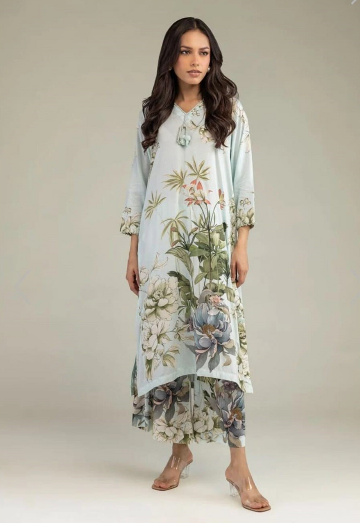 Printed Kaftaan Charmeuse Silk 2 Piece Unstitched Suit KK-1-26-239-A-C1 - Party Wear