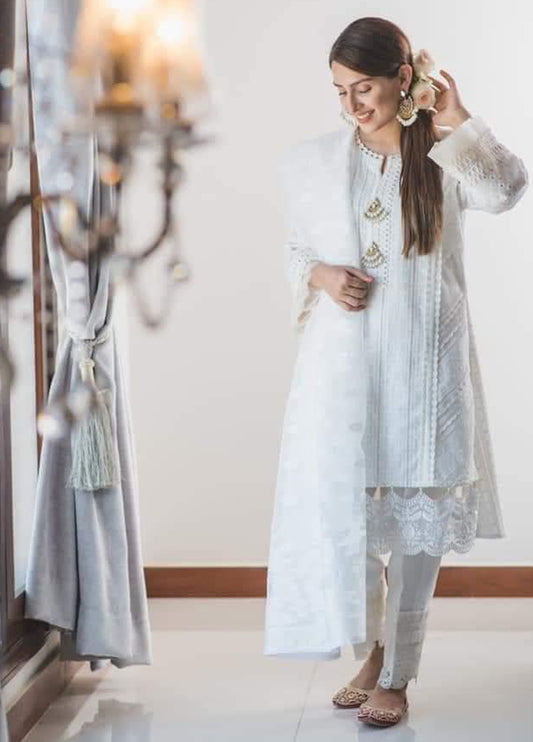 Embroidered Lawn 3 Piece Unstitched Suit Ayeza Khan-White - Summer Collection