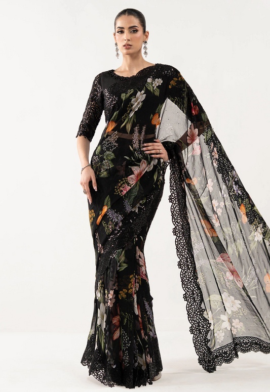 Embroidered Chiffon 3 Piece Unstitched Saree MBC-SF-EF26-09-Black-Party Wear
