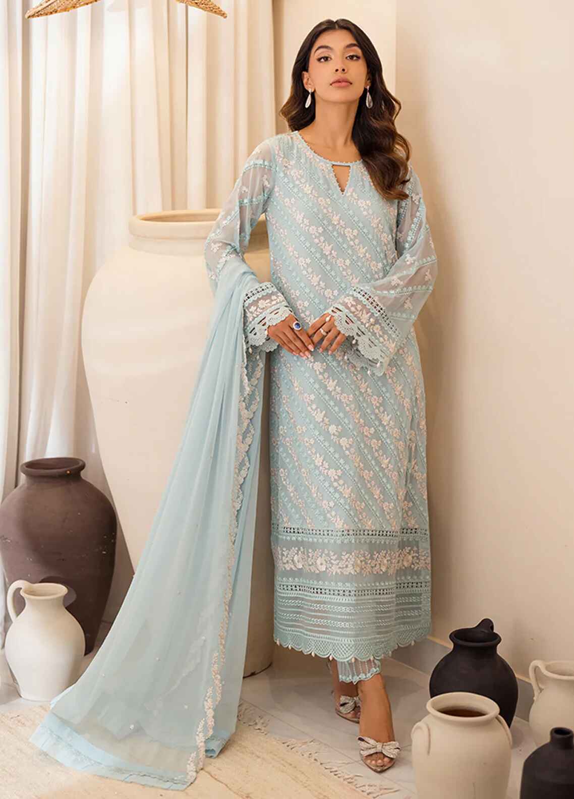 Embroidered Chiffon 3 Piece Unstitched Suit AC-Mint Glaze-24 - Party Wear