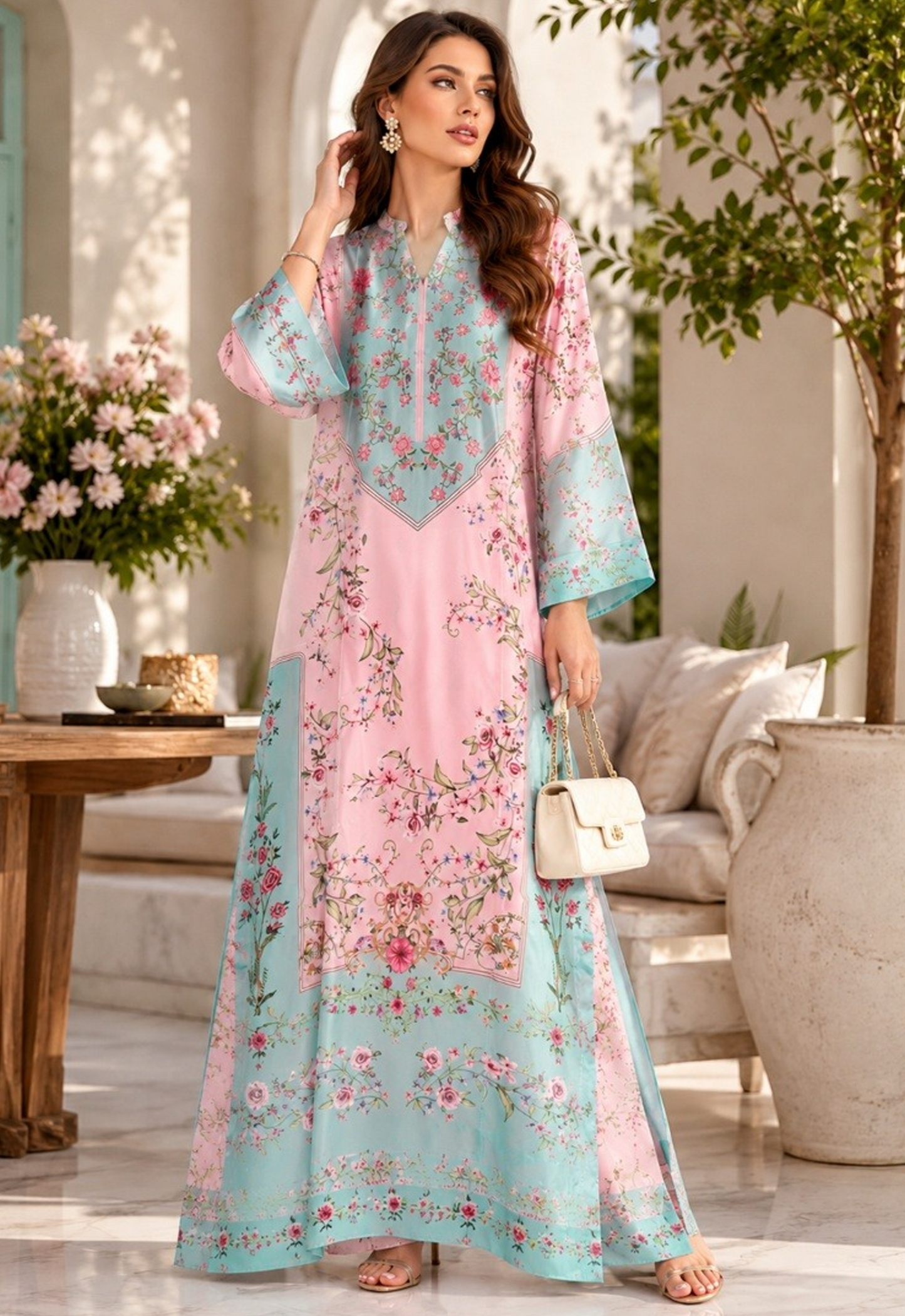 Printed Charmeuse Silk/Kaftan 2 Piece Unstitched Suit FTK-MARINA-26 - Party Wear