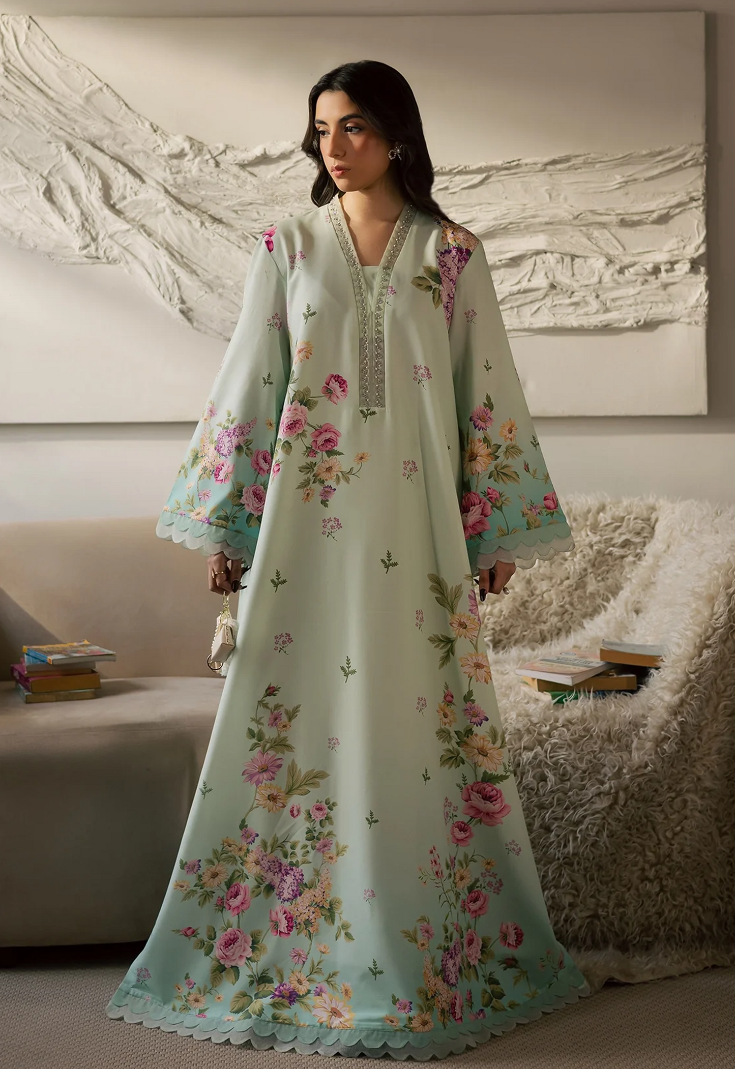 Embroidered Kaftaan Charmeuse Silk 2 Piece Unstitched Suit VK-CO-126 - Party Wear