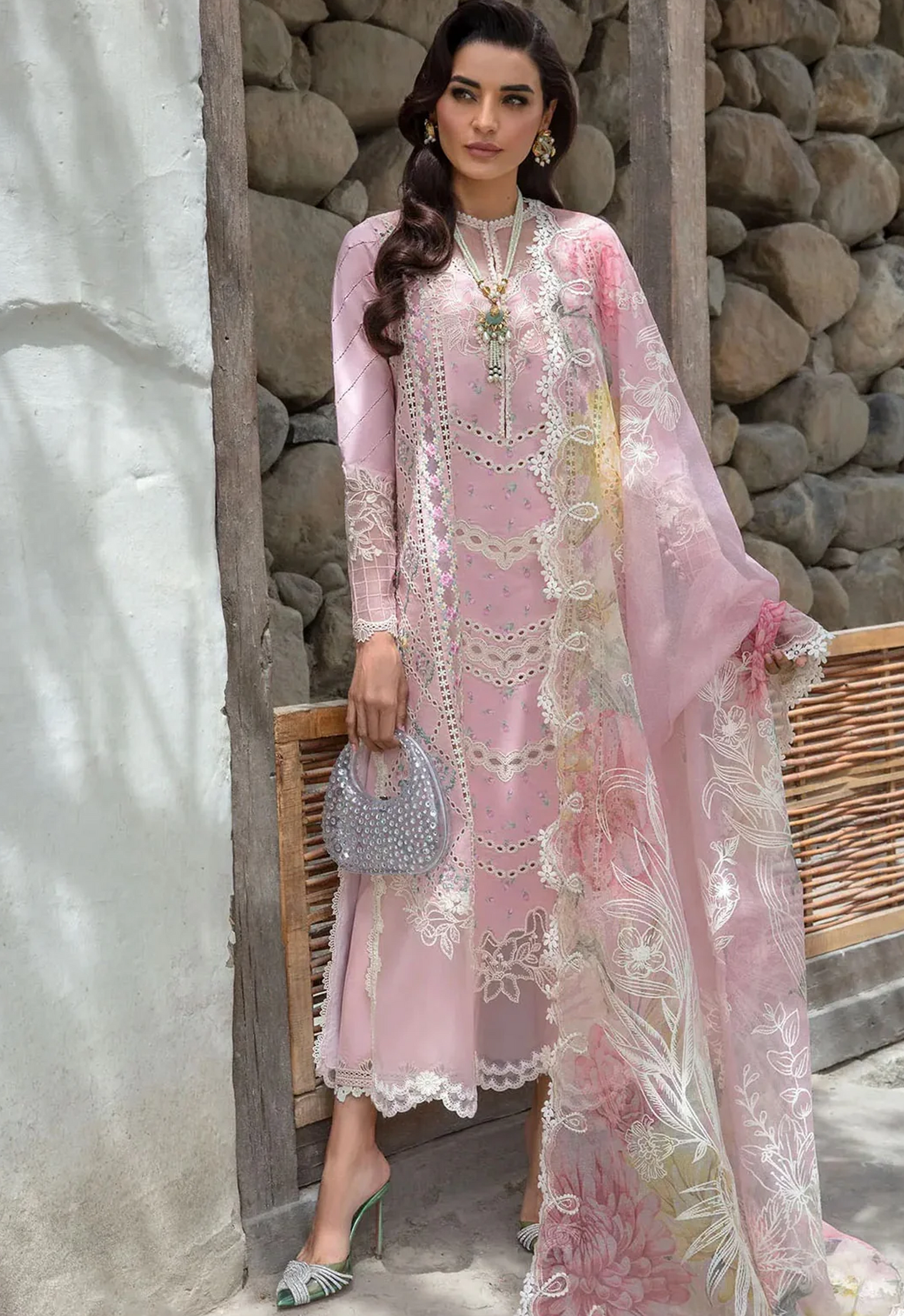 Embroidered Lawn 3 Piece Unstitched Suit CSSL-HU-D07-A-FLORAL MESH-ROSE PINK - Summer Collection
