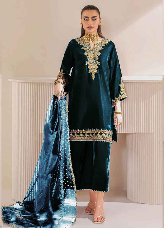 Embroidered Unstitched 3 Piece Velvet Suit PEACOCK-BV-PR-1023 - Party Wear