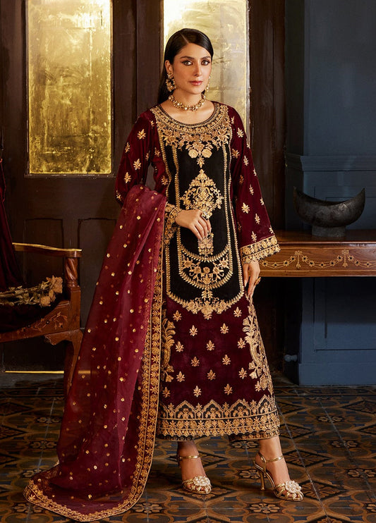 Embroidered Unstitched 3 Piece Velvet Suit ZCV-D03-ZIBA-23- Party Wear