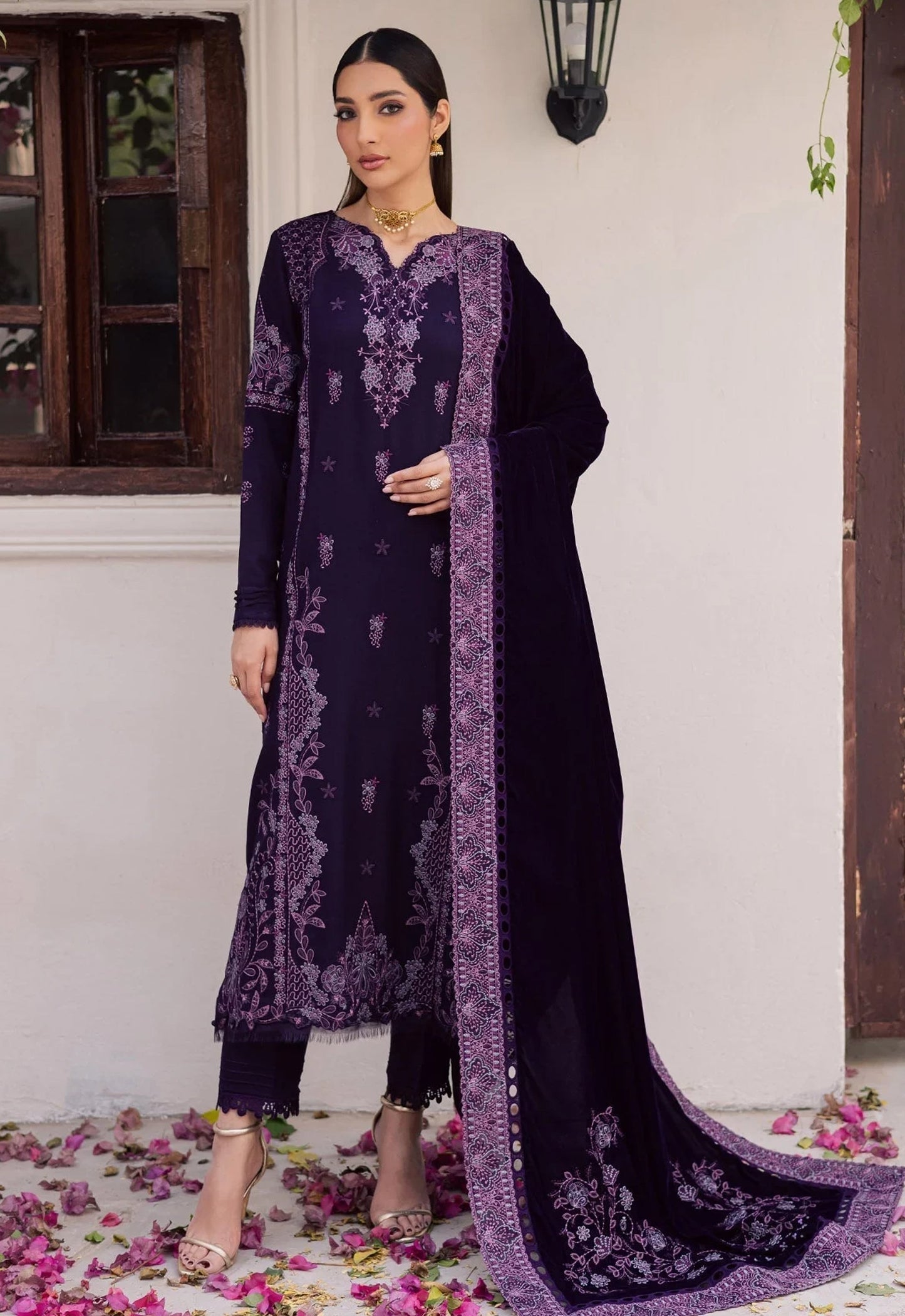 Embroidered Unstitched 3 Piece Velvet Suit  NV-NE-198 - Party Wear