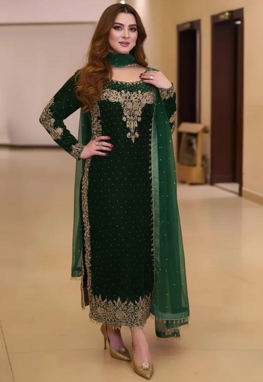 Embroidered Unstitched 3 Piece Velvet Suit KAY GREEN-GEV-RANI-25 - Party Wear