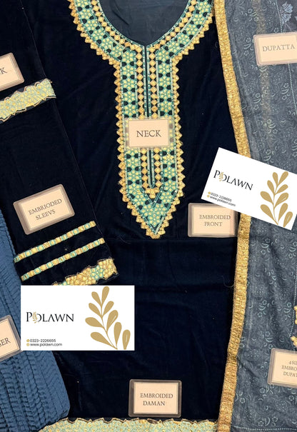 Embroidered Unstitched 3 Piece Velvet Suit IV-64-25 - Party Wear