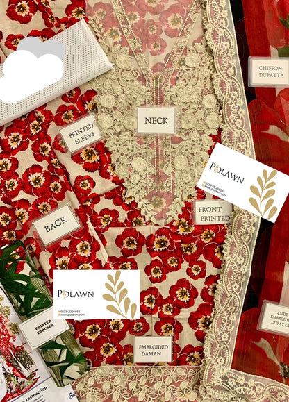 Embroidered Lawn 3 Piece Unstitched Suit MBL-MPT-2606-B-25 - Summer Collection