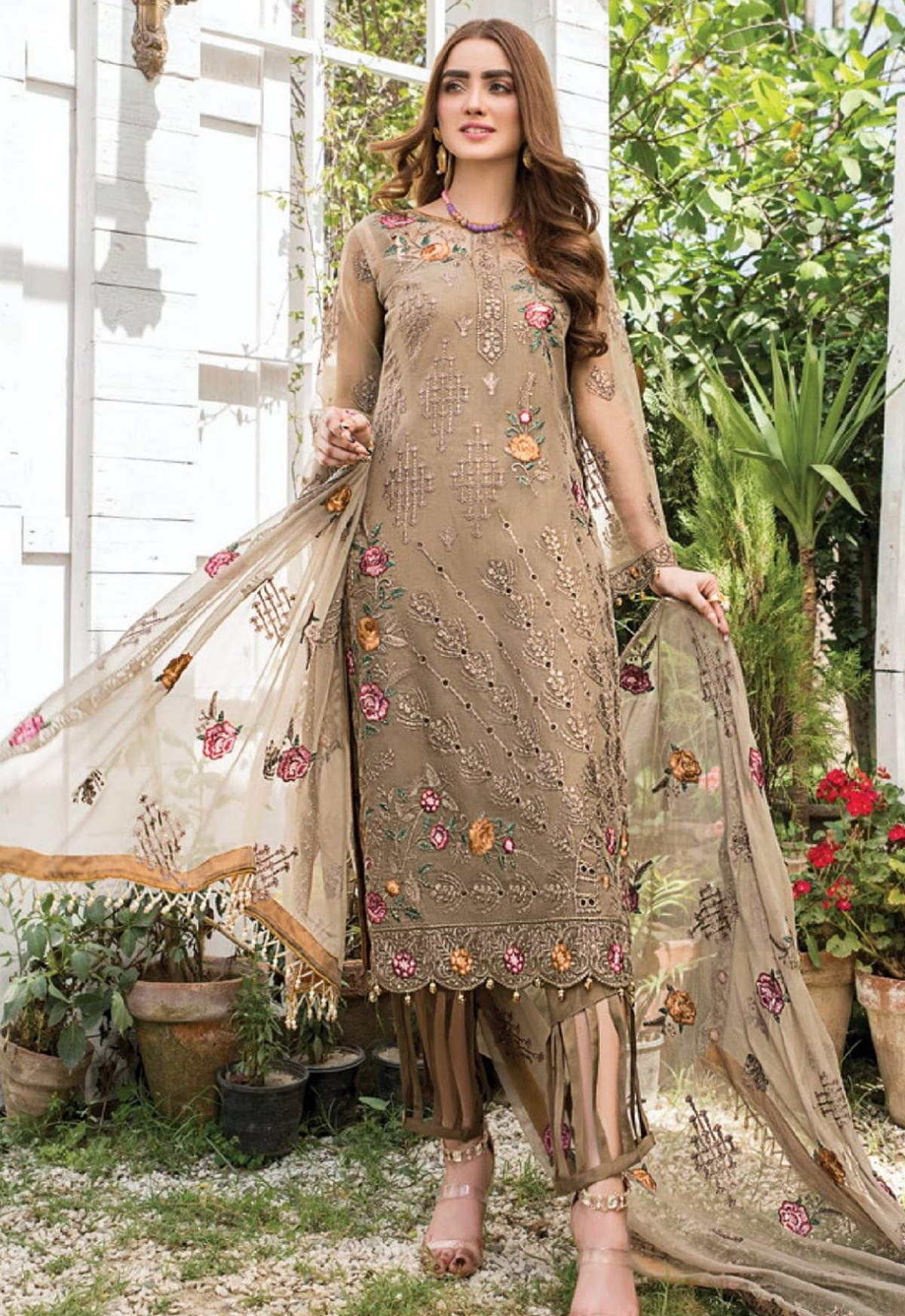Embroidered Chiffon 3 Piece Unstitched Suit MC-D02-Fossil Green - Party Wear