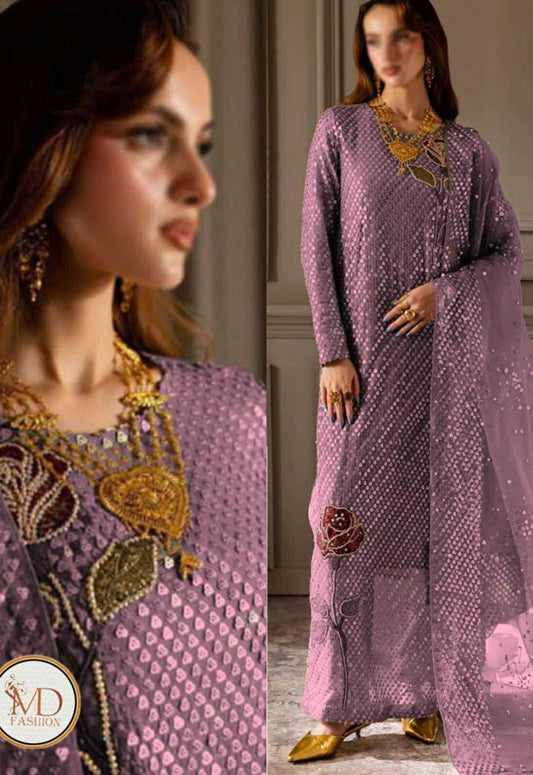 Embroidered Chiffon 3 Piece Unstitched Suit PURPLE-NC-TW-16-B - Party Wear