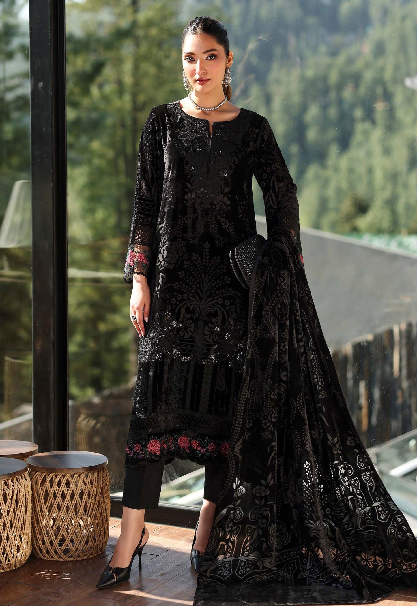 Embroidered Unstitched 3 Piece Velvet Suit MBL-DW-W25-23-Black - Party Wear