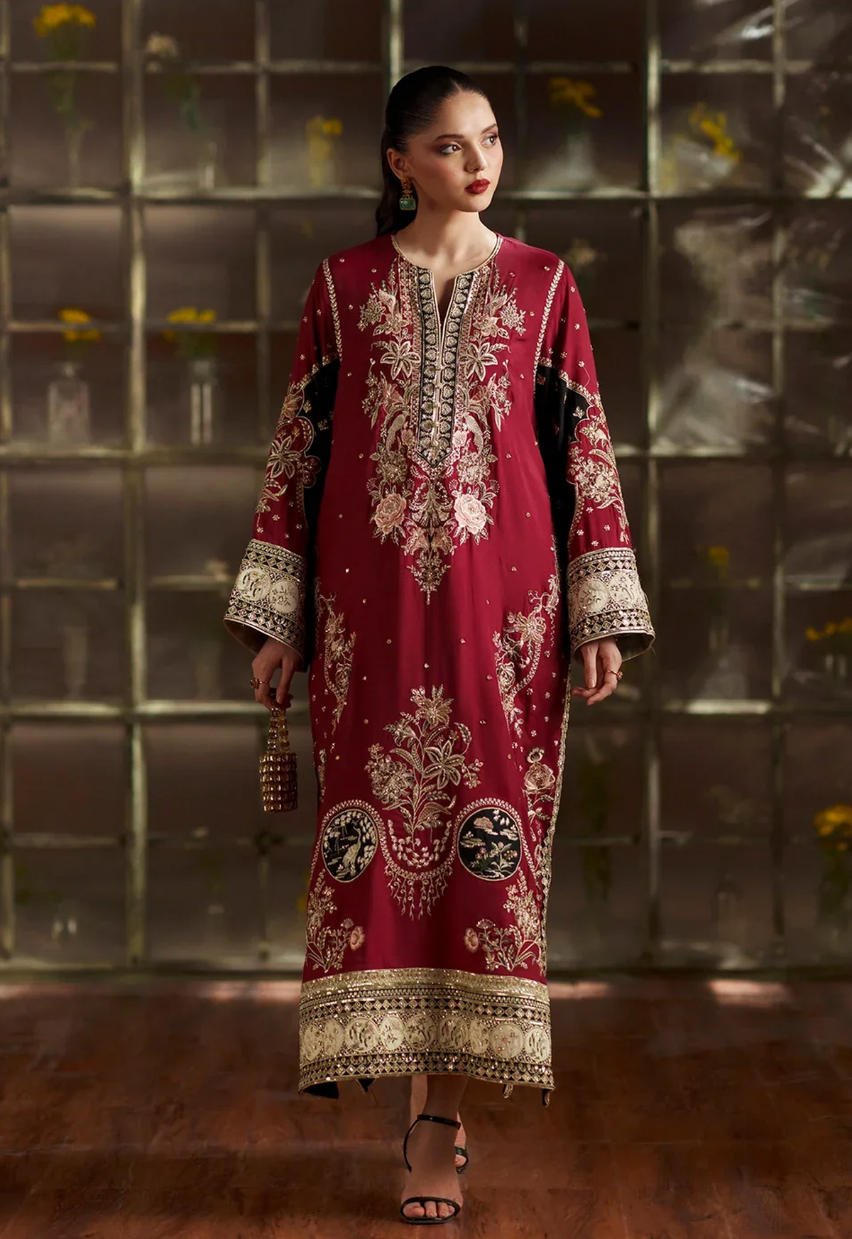 Embroidered Kaftaan Charmeuse Silk 3 Piece Unstitched Suit EK-E1149/104/418 - Party Wear