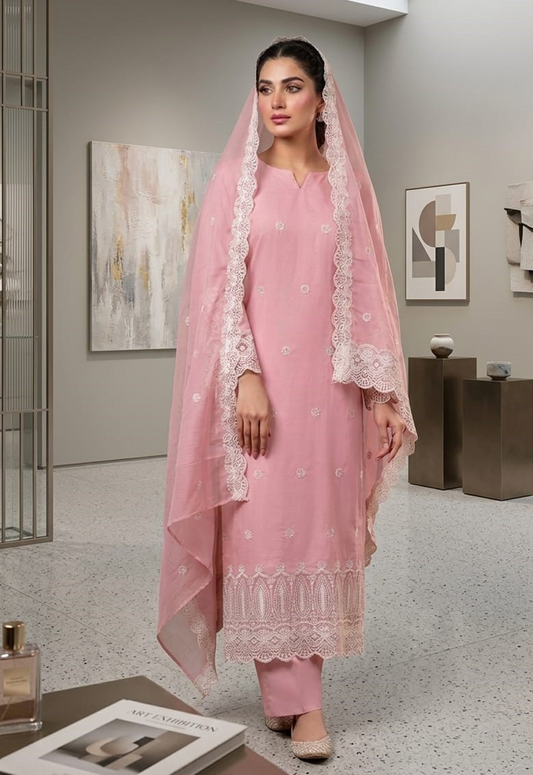 Embroidered Lawn 3 Piece Unstitched Suit PINK-CHIKKENKARI - Summer Collection
