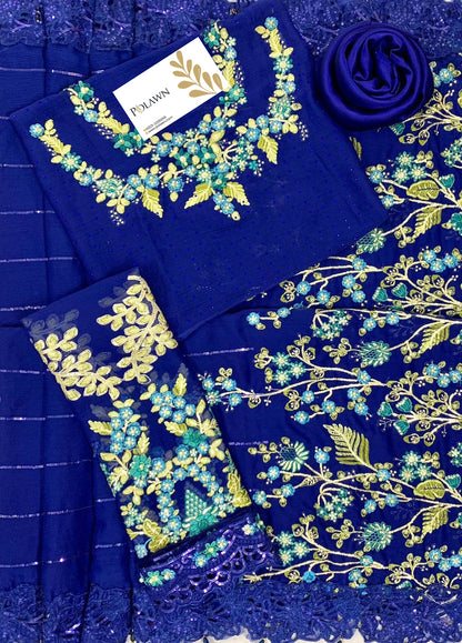 Embroidered Chiffon 3 Piece Unstitched Saree MBC-BD-2704-23-Party Wear