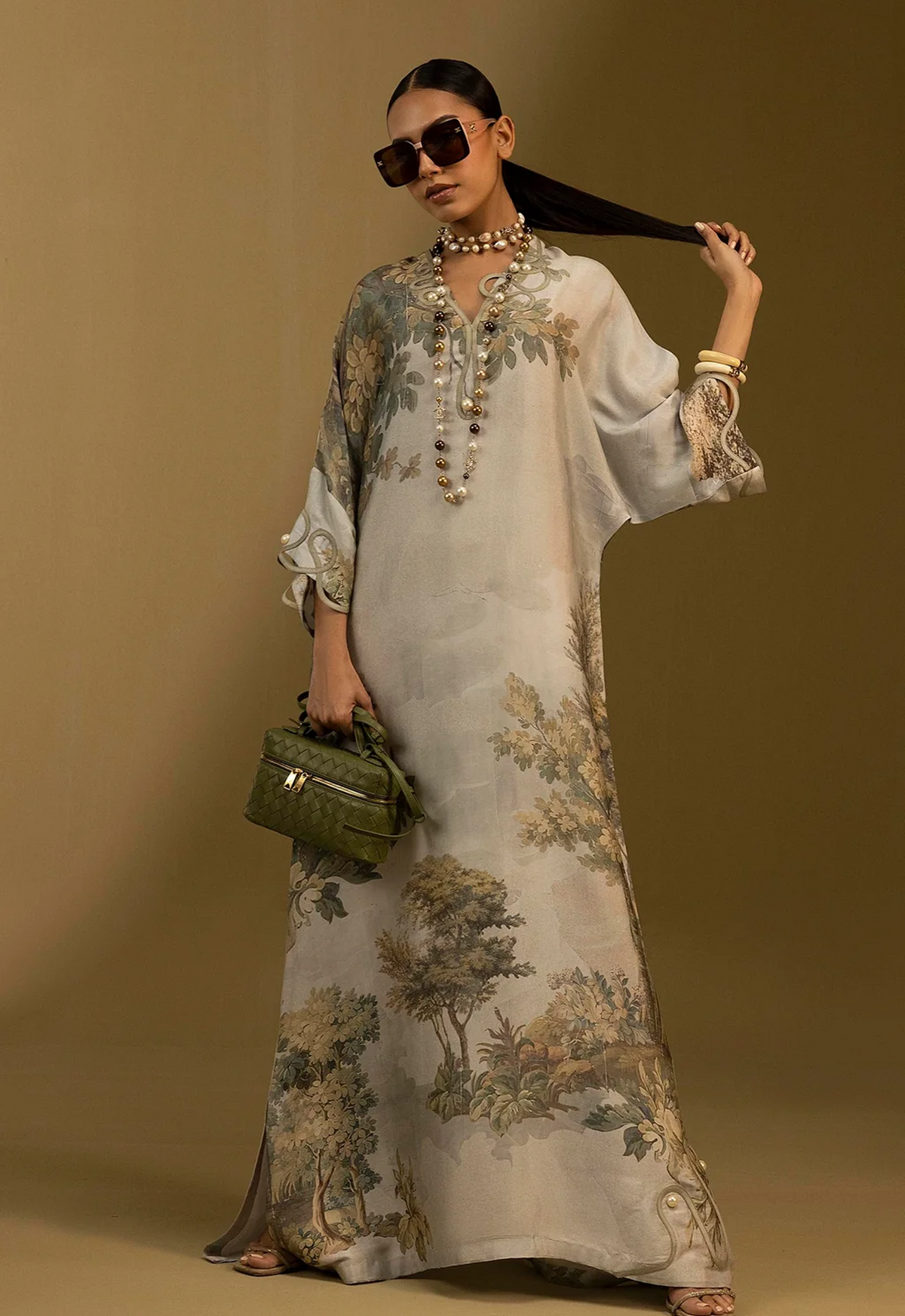 Printed Kaftaan Charmeuse Silk 2 Piece Unstitched Suit SSK-R-50 - Party Wear