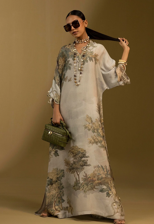 Printed Kaftaan Charmeuse Silk 2 Piece Unstitched Suit SSK-R-50 - Party Wear