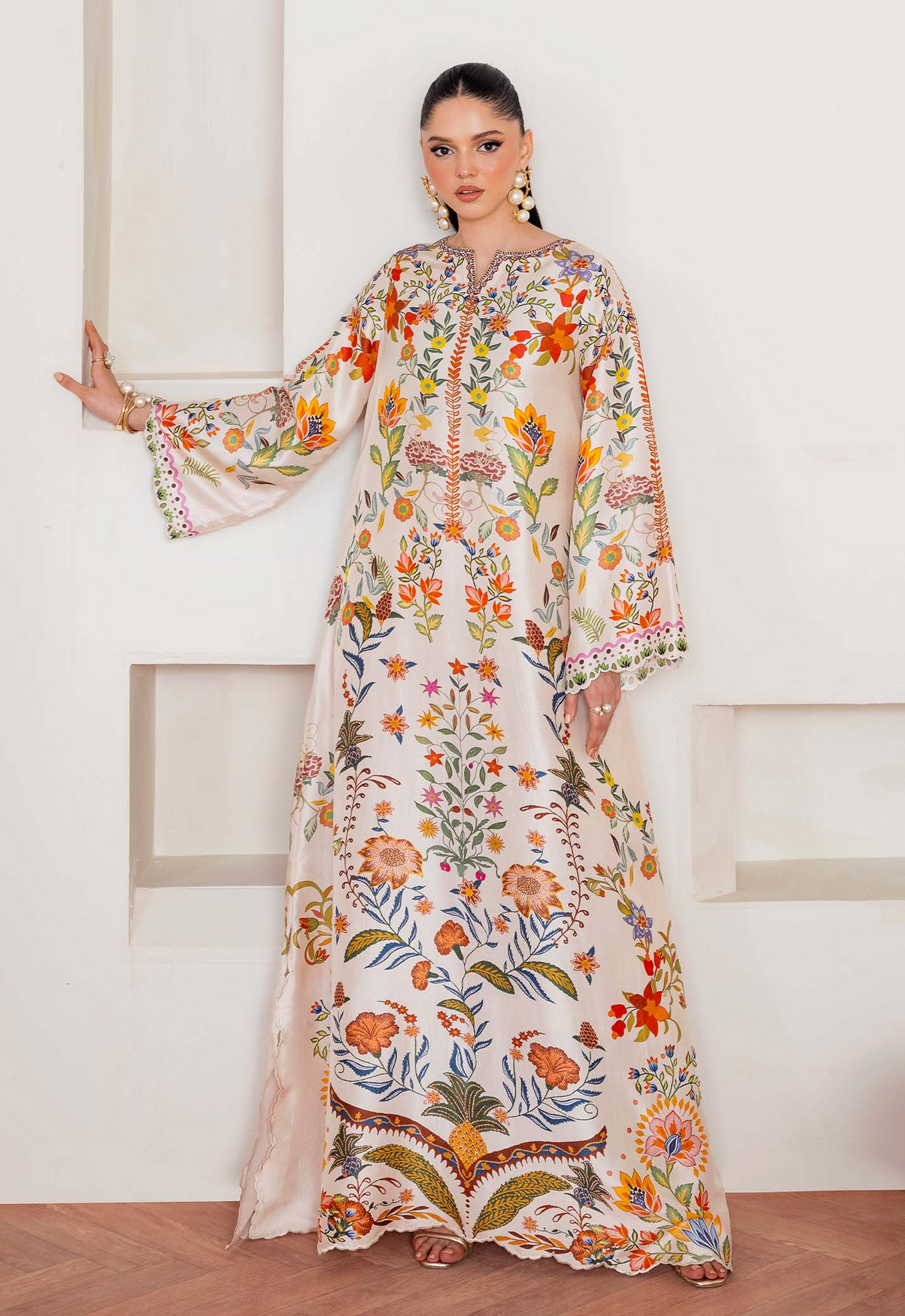 Printed Charmeuse Silk/Kaftan 2 Piece Unstitched Suit KMK-Celia - Party Wear