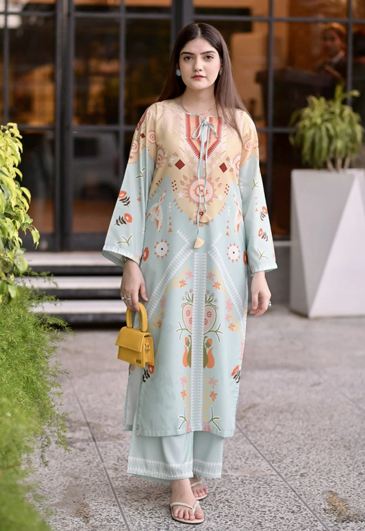 Printed Kaftaan Charmeuse Silk 2 Piece Unstitched Suit MHK-DILNASHIN - Party Wear