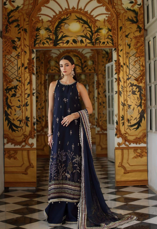 Embroidered Net 3 Piece Unstitched Suit NSAC-HU-D03-BLUE-25 - Summer Collection