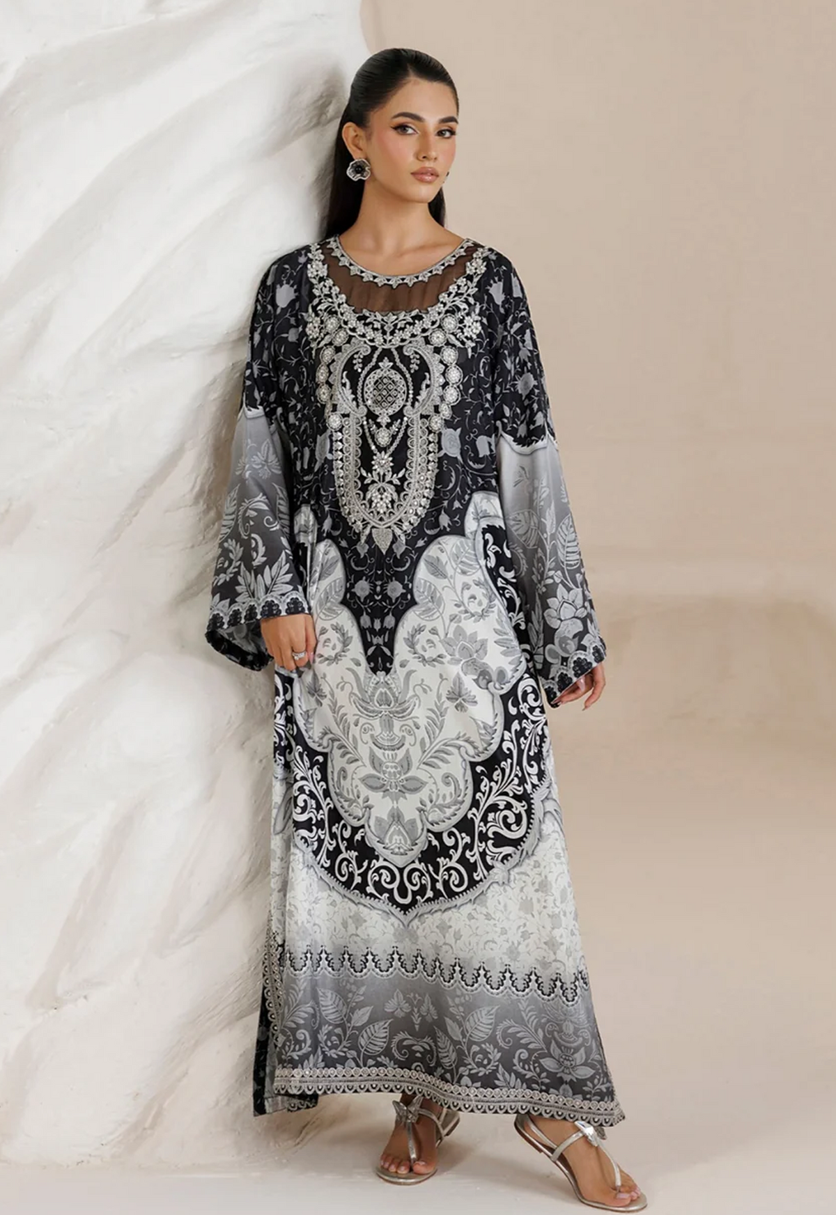 Printed Kaftaan Charmeuse Silk 2 Piece Unstitched Suit MK-SFA-01 - Party Wear