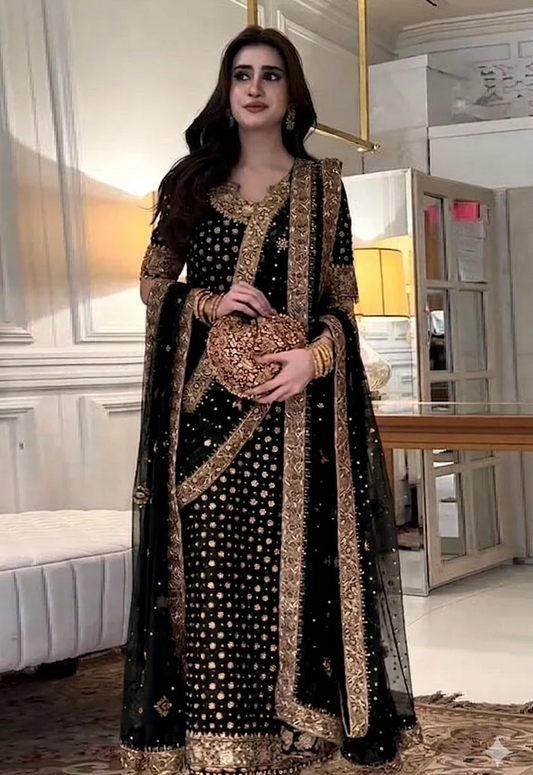 Embroidered Chiffon 3 Piece Unstitched Suit BLACK-HSC-HR-05 - Party Wear