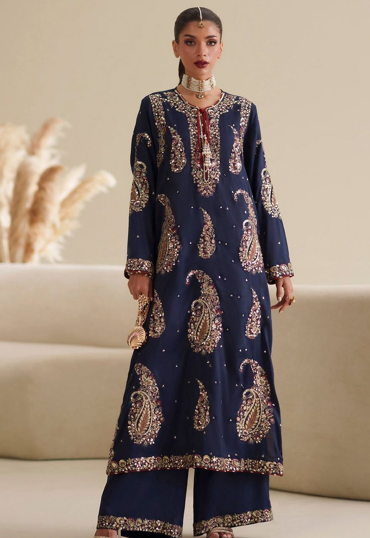 Embroidered Kaftaan Charmeuse Silk 2 Piece Unstitched Suit EK-E1090/104/623 - Party Wear