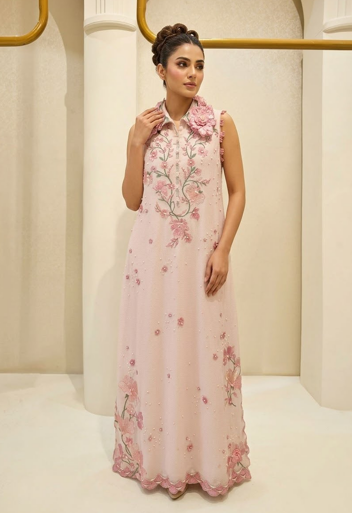 Embroidered Kaftaan Charmeuse Silk 3 Piece Unstitched Suit AG-BLUSH DREAM-26 - Party Wear