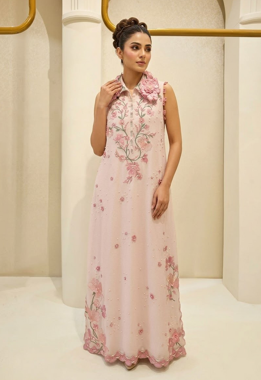 Embroidered Kaftaan Charmeuse Silk 3 Piece Unstitched Suit AG-BLUSH DREAM-26 - Party Wear