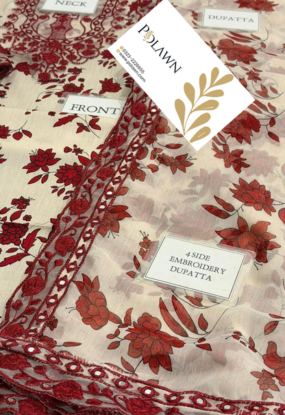 Embroidered Lawn 3 Piece Unstitched Suit MAROON LAWN-ACL-WPR-23 - Summer Collection