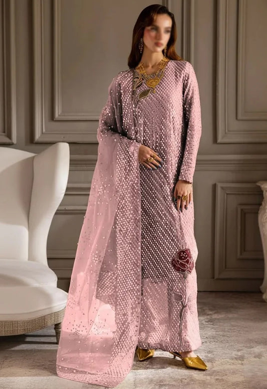 Embroidered Chiffon 3 Piece Unstitched Suit PEACH-NC-TW-16-B - Party Wear