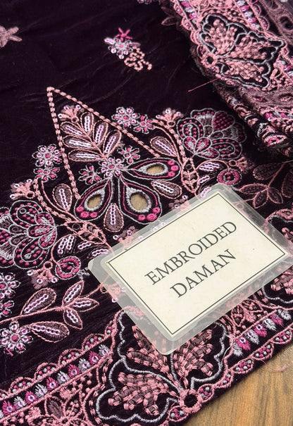 Embroidered Unstitched 3 Piece Velvet Suit  NV-NE-198 - Party Wear